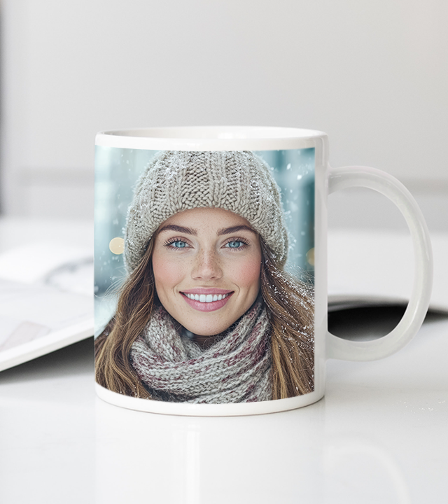 Fototasse weiß winterlich bedruckt mit Frau im Schnee
